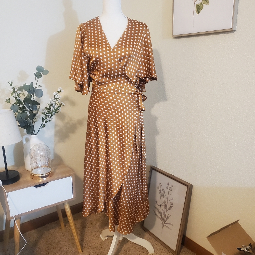 Renamed Midi Wrap Dress! Brown and White Polka Dots. Size Medium.